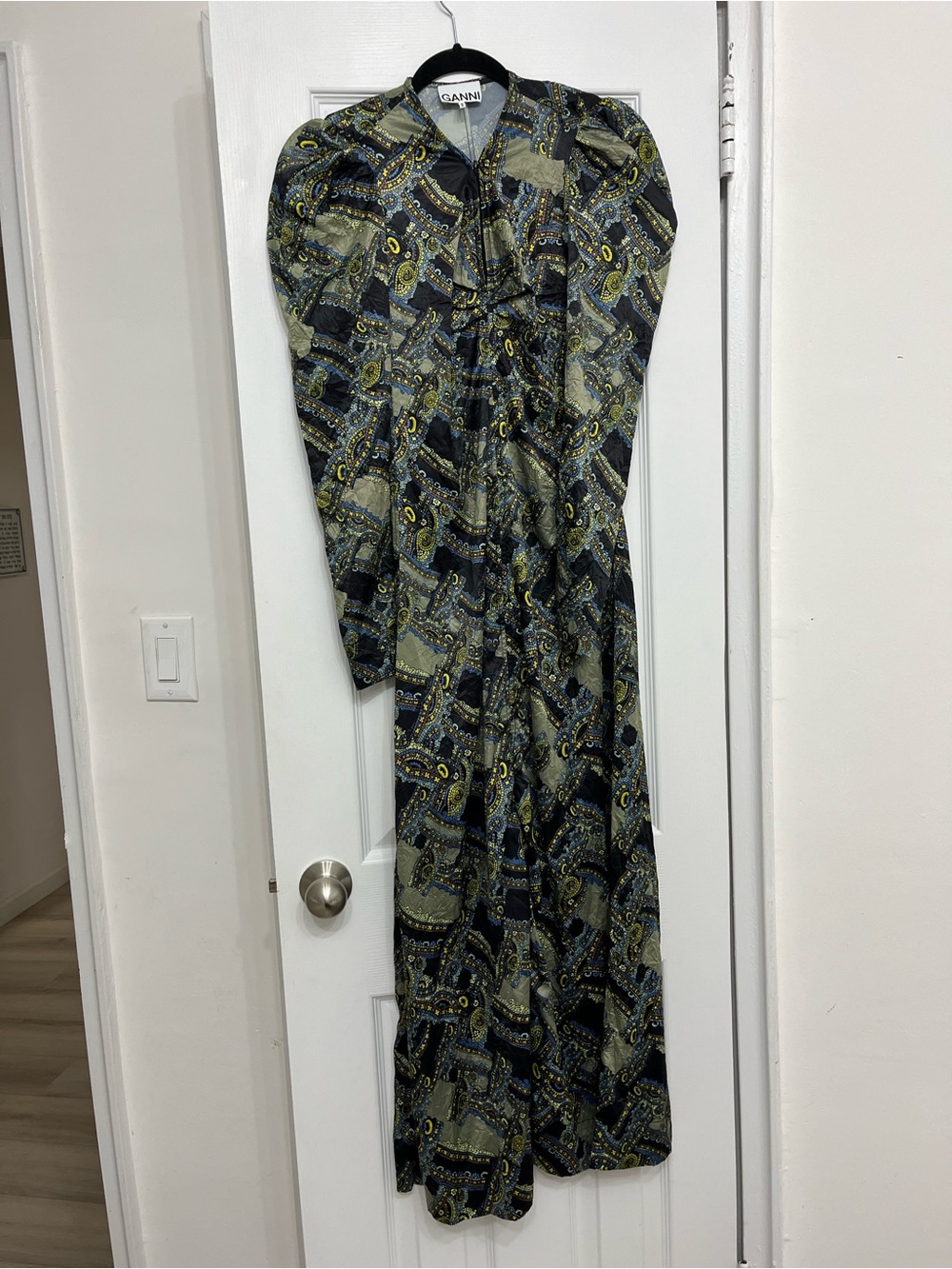 Ganni Paisley-Print Long Sleeve Maxi Dress in Black and Olive Green